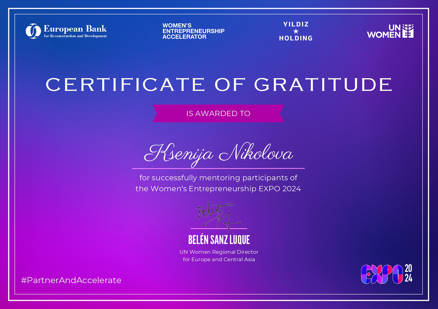 Ksenija's Certificate for mentorship